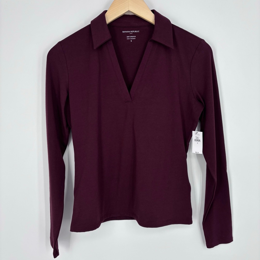 Banana Republic Soft Stretch Long Sleeve Polo Shirt Women S Burgundy Preppy NEW